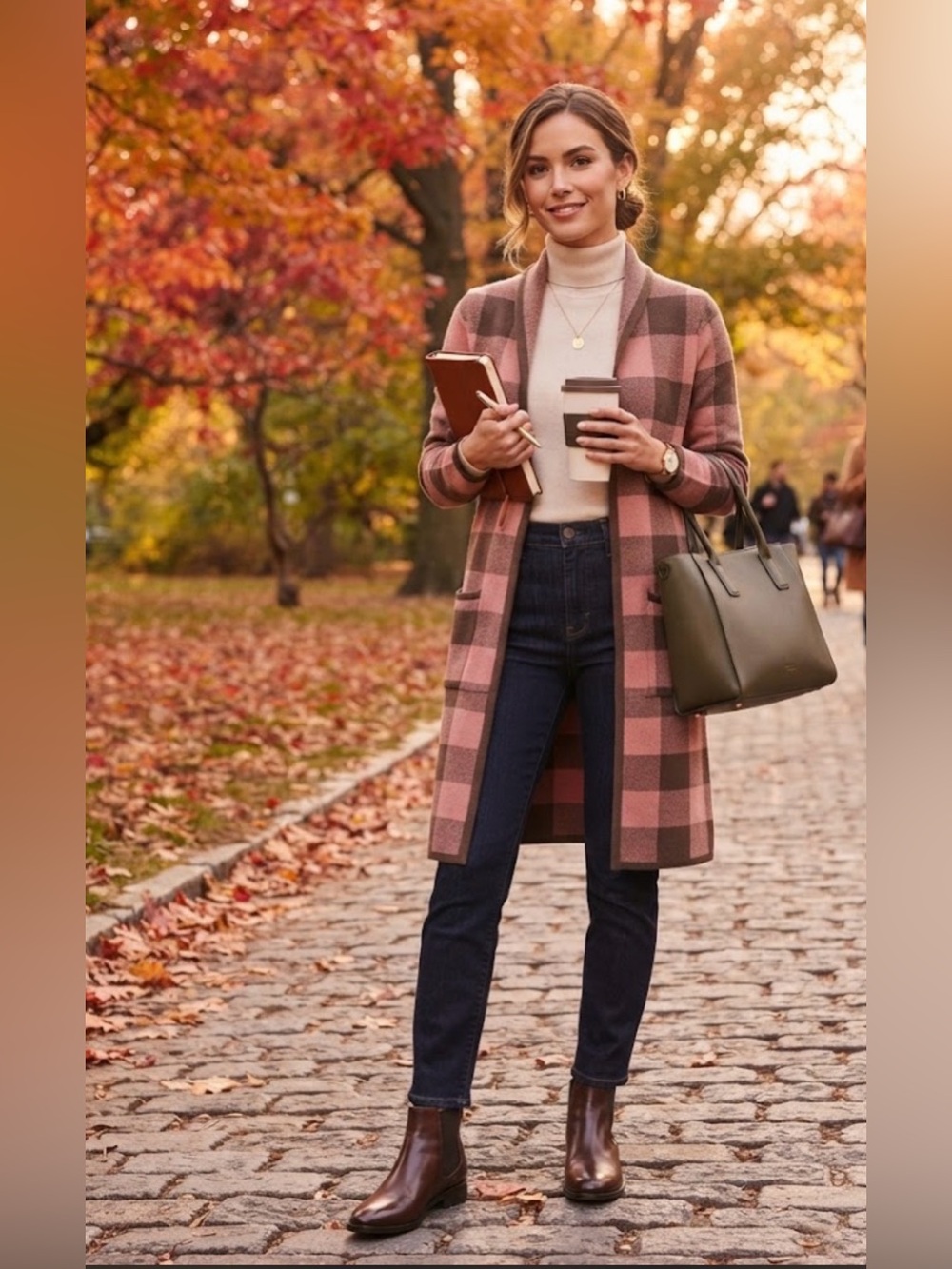 Denim&Co Pink and Brown Plaid Women’s Sweater Cardigan